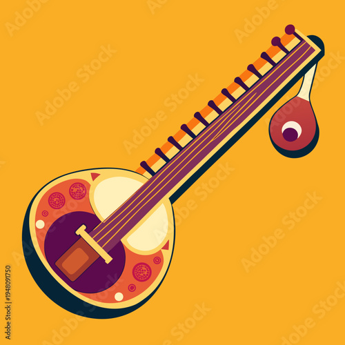 An Indian Veena Musical Instrument on Orange Background