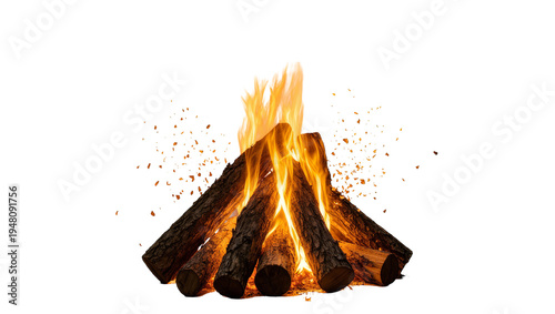 Foto Isolated rustic campfire with burning logs and flying sparks, orange flames crea
