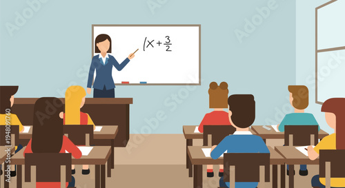 Teacher Explaining Math on Whiteboard to Students.