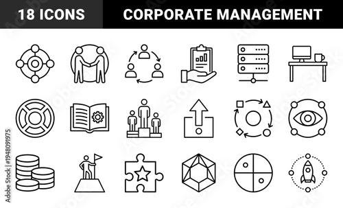 Business and management icon set. Vector pictograms of handshake, clipboard, server, podium, desk, book, puzzle, coins, and rocket, thin outline illustration.