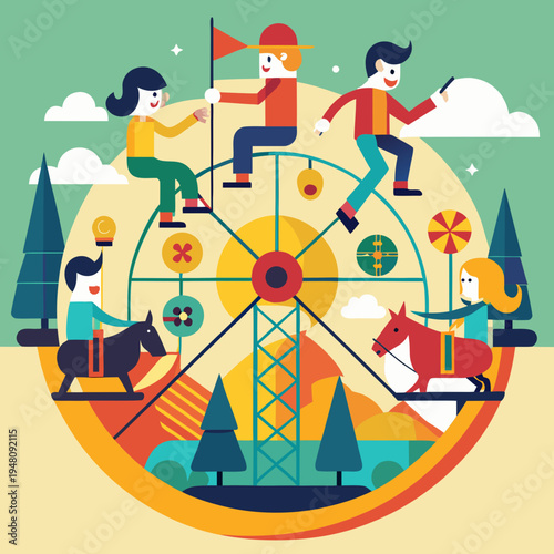 Children Enjoying a Colorful Ferris Wheel Ride at a Fair