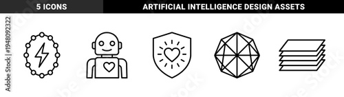 Technology and security line icon set. Vector pictograms of heart shield, robot, energy bolt, crystal geometry, and data layers, thin outline illustration.