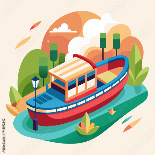 Colorful boat sailing on calm water with scenic background