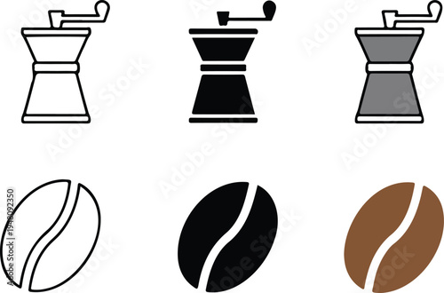 Minimalist coffee grinder and bean vector icons set featuring vintage manual mill designs in outline and solid styles.