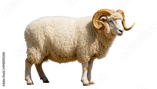 Fotografia Isolated majestic adult ram featuring large impressive curly horns and thick woolly fleece