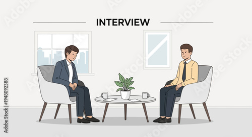 Two Men Sitting in Chairs Having Conversation.