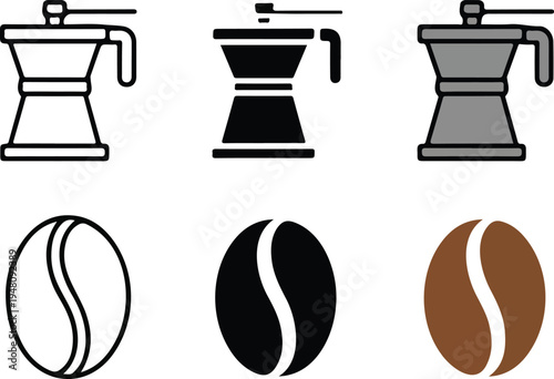 Minimalist coffee grinder and bean vector icons set featuring vintage manual mill designs in outline and solid styles.