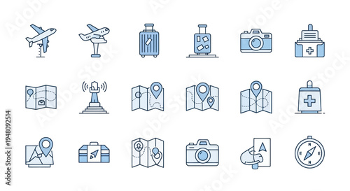 Travel icons airplane suitcase map camera