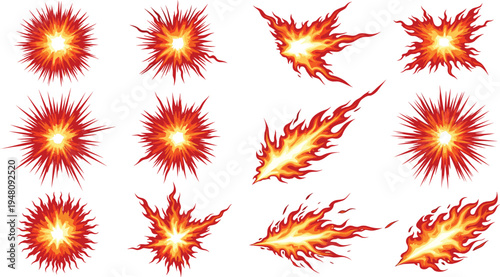 Set of Explosive Flame Burst Illustrations with Fiery Sparks and Flames, Dynamic Explosion Effects