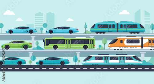 Various Vehicles on Multiple Roads Illustration.