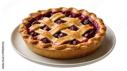 Konstfotografi Isolated cherry pie on a small plate, fresh baked dessert with lattice crust and