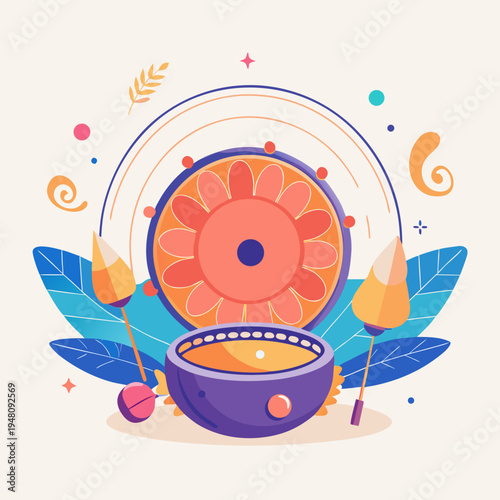Colorful Drum and Meditation Bowl in Festive Event Illustration