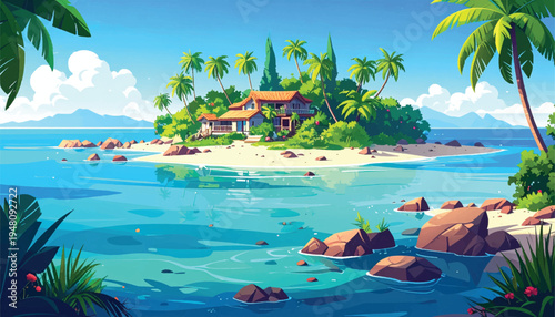 Luxury island villa facing a serene lagoon and bright shoreline. Elegant tropical retreat surrounded by palms, water, and sand. Private seaside residence on a sunny exotic oasis scene. 