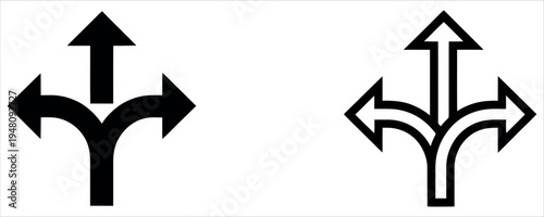 A graphic representation of three arrows diverging from a single point, symbolizing choice, divergence, and multiple paths. Ideal for concepts of decision-making, strategy, and future direction.