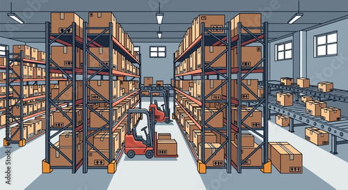 Warehouse Storage Shelves with Cardboard Boxes.