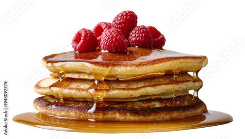 Tableau sur toile Isolated stack of fluffy pancakes with fresh red raspberries and golden maple sy