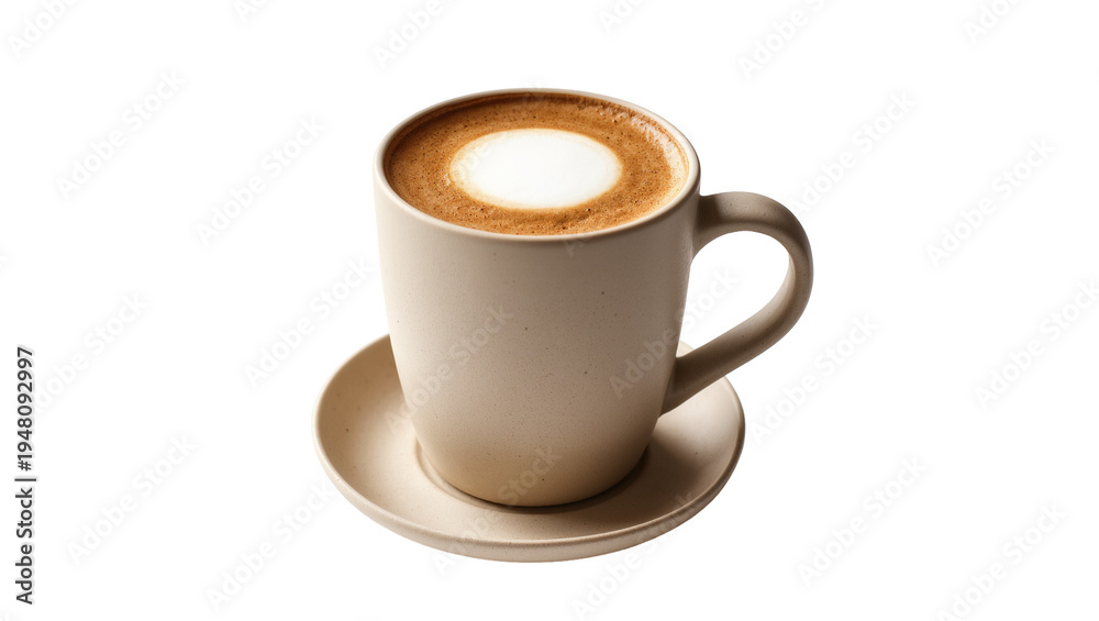 Obraz premium Isolated ceramic coffee mug with frothy cappuccino on a saucer, perfect for breakfast