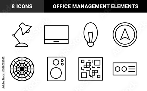 Business and office line icon set. Vector pictograms of clock, trophy, lightbulb, rocket, chart, coins, gear, document and folder, thin outline illustration.