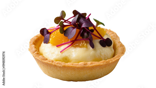 Photos Isolated gourmet mini dessert tart with creamy filling, fresh orange segments, and purple microgreens