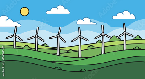 Wind Turbines in Green Landscape Illustration.
