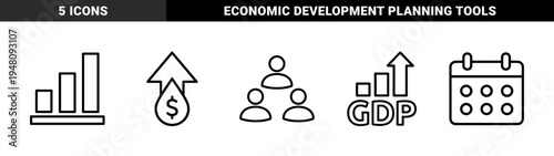 Business and economy line icon set. Vector pictograms of growth charts, dollar profit, team hierarchy, calendar, and gdp increase, thin outline illustration.