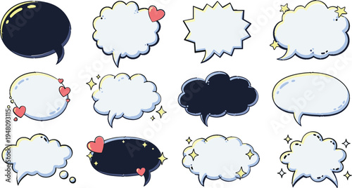 Set of Hand-Drawn Speech Bubbles with Hearts, Stars, and Decorative Elements for Fun and Creative Communication Designs