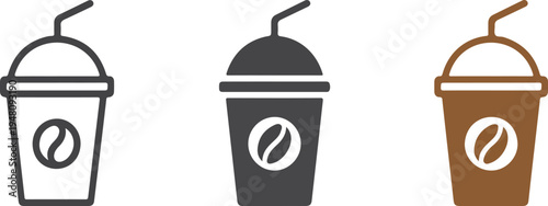 Minimalist iced coffee cup vector icons set with straw and bean logo in outline solid and brown styles.
