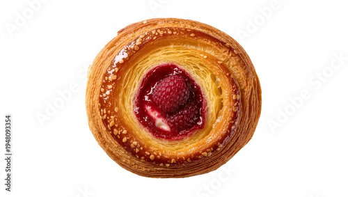 Bild auf Leinwand Isolated delicious raspberry Danish pastry with sweet glaze, fresh fruit, and fl
