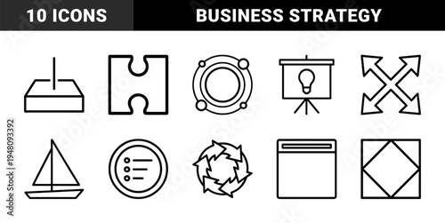 Business and strategy icon set. Vector pictograms of puzzle, lightbulb, boat, target, graph, list, and arrows, black line illustration.