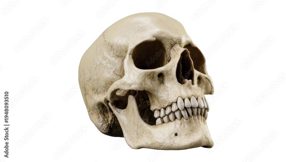 Obraz premium Isolated human skull anatomical model displaying intricate skeletal structure and teeth.