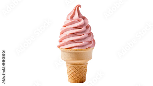Isolated delicious creamy pink soft serve ice cream cone, refreshing sweet summer dessert