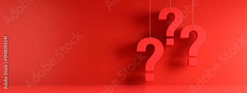 Three hanging white question marks in front of a red wall with copy space - 3D illustration