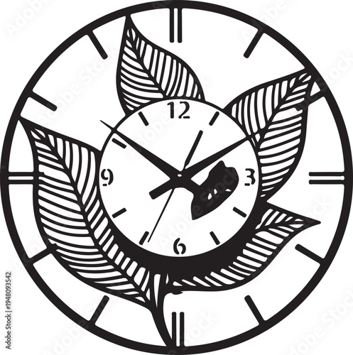 Vector clock face with leaf design, black and white illustration
