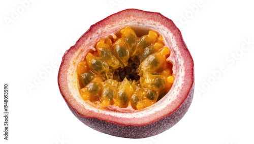 Obraz na plátně Isolated half of a fresh, ripe passion fruit showing juicy pulp and seeds, ready