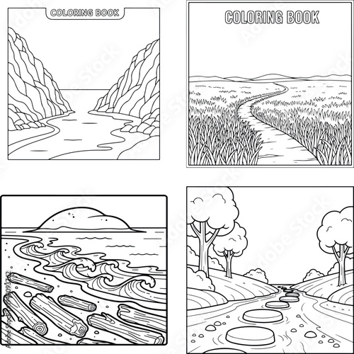 Nature landscapes coloring book page set for kids and adults - outdoor scenes with line art