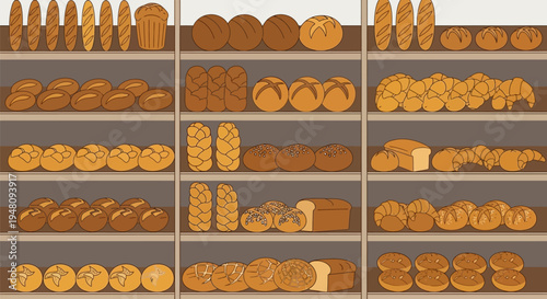 Assorted Pastries and Baked Goods on Shelves.