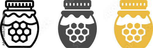 Minimalist honey jar vector icons set with honeycomb design and paper lid in outline solid and yellow styles.