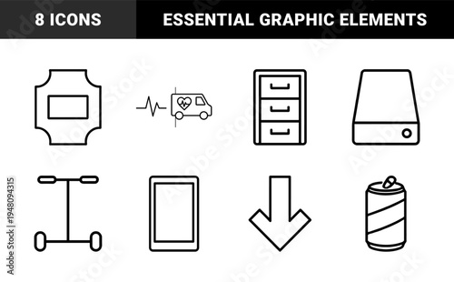 Miscellaneous thin line icon set. Vector pictograms of ambulance, filing cabinet, ticket, smartphone, scooter, external drive, arrow, qr code, and soda can illustration.