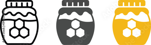 Minimalist honey jar vector icons set with honeycomb design and paper lid in outline solid and yellow styles.