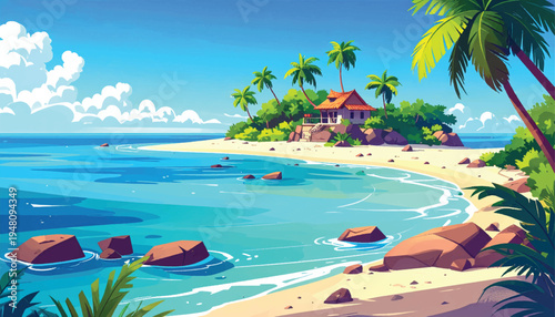Tropical house perched above rocks beside a sweeping beach. Scenic coastal home overlooking gentle surf and open water. Elevated island retreat with palms, sand, and azure horizon. 