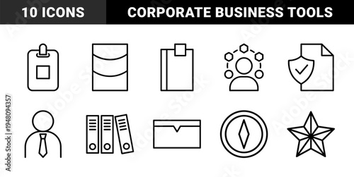 Corporate and business management line icon set. Vector pictograms of folder, badge, database, user, shield, tie, binder, chat, star, and compass, thin outline illustration.