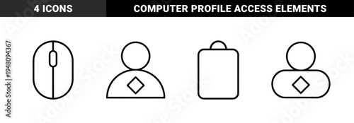 User account and hardware icon set. Vector pictograms of profile avatar, computer mouse, and electronic tablet, thin outline illustration.