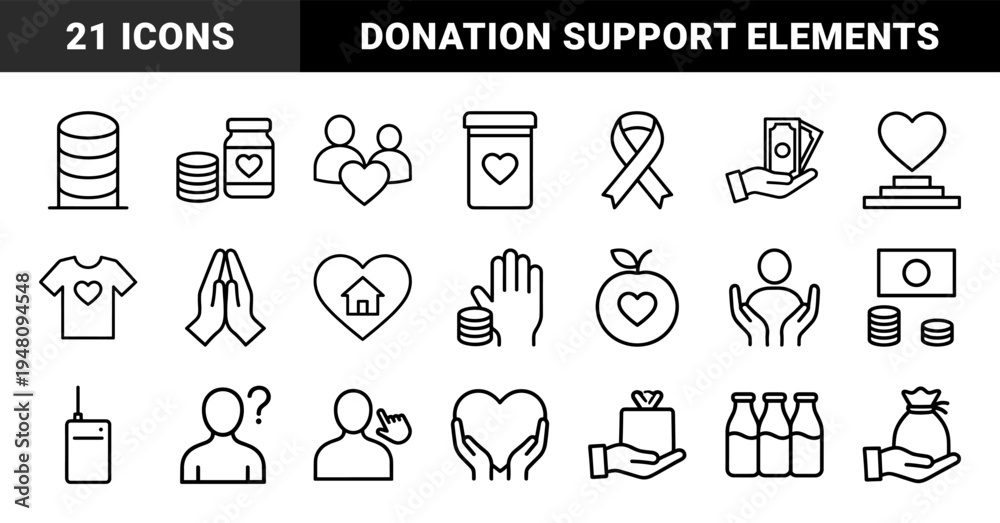 Fototapeta premium Charity and donation line icon set. Vector pictograms of hearts, hands, money, food, ribbon, clothing, and community, thin outline illustration.