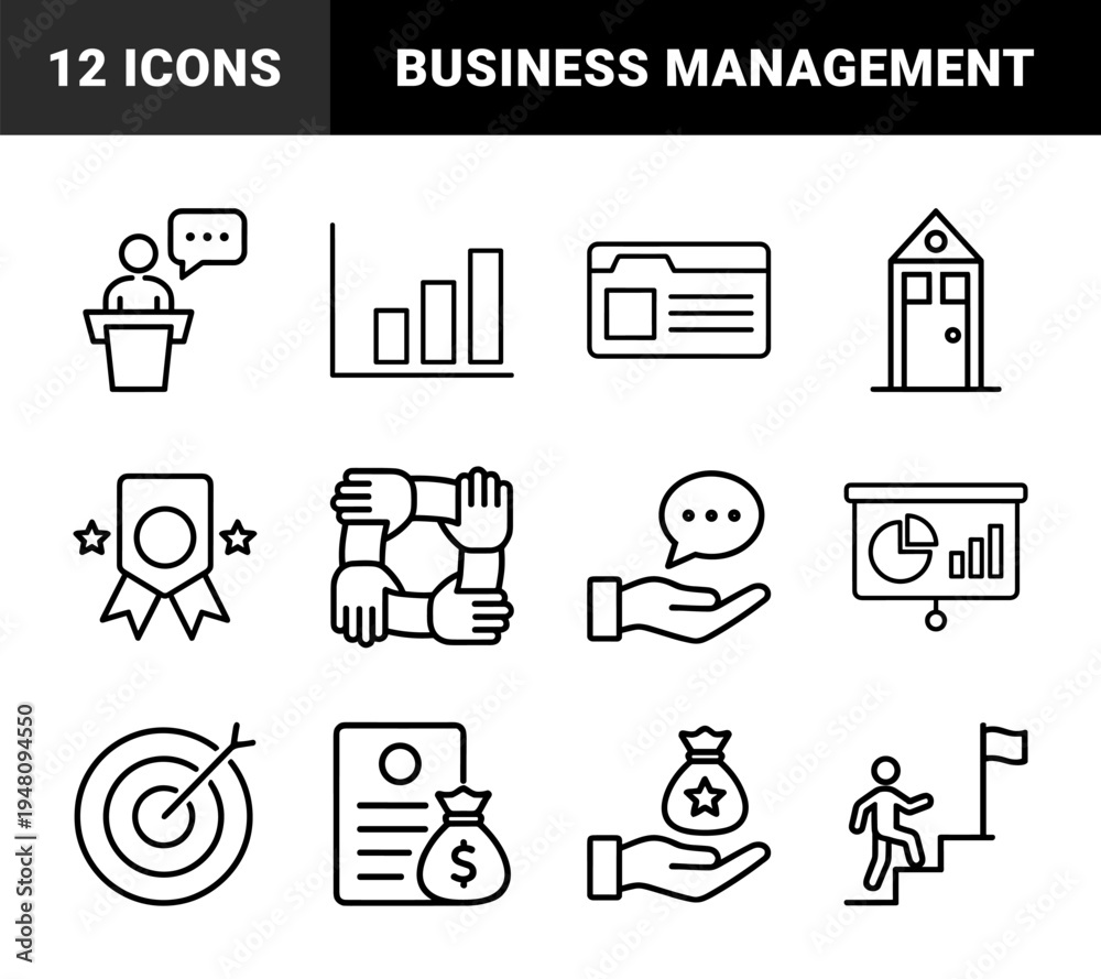 Fototapeta premium Business and finance line icon set. Vector pictograms of charts, presentation, office, folder, teamwork, awards, target, and career growth, thin outline illustration.