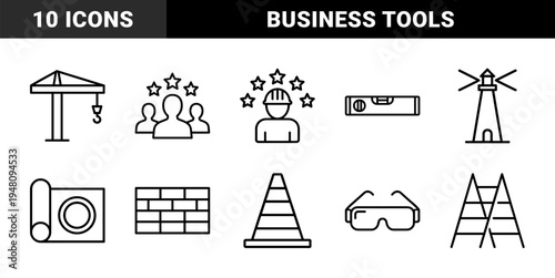 Business and finance icon set. Vector pictograms of wallet, calculator, credit card, megaphone, shield, briefcase, globe, and calendar, thin outline illustration.