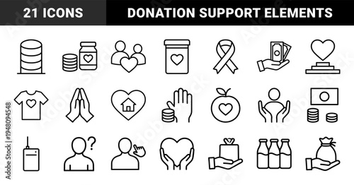Charity and donation line icon set. Vector pictograms of hearts, hands, money, food, ribbon, clothing, and community, thin outline illustration.