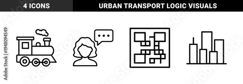Miscellaneous line icon set. Vector pictograms of woman, speech bubble, steam train, maze, and city buildings, black outline illustration.