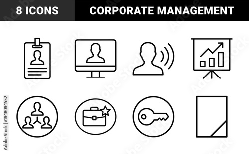 Business and corporate management icon set. Vector pictograms of identification badge, video conference, briefcase, chart, key, and document, thin outline illustration.