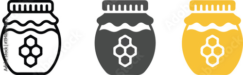 Minimalist honey jar vector icons set with honeycomb design and paper lid in outline solid and yellow styles.