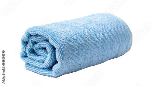 Photography Isolated soft blue rolled microfiber towel, essential for spa, bath, household cleaning, and personal use